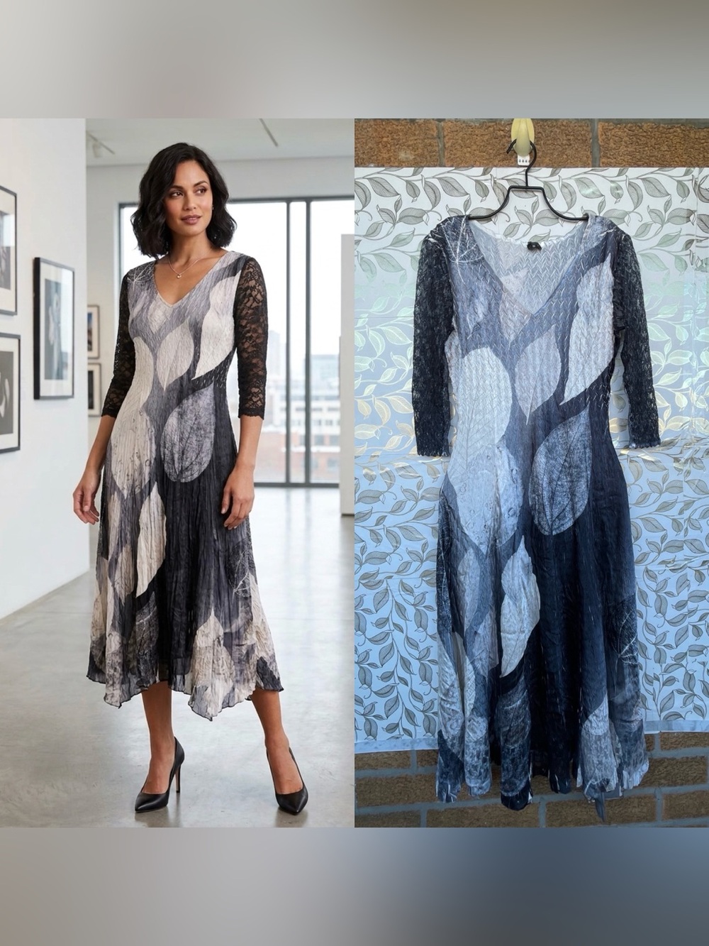 Komarov Whimsigoth Leaf Print Maxi Dress S Black Gray Pleated Lagenlook Boho⁠